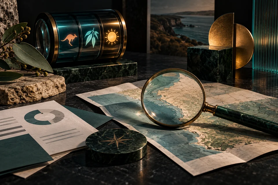 Conceptual still life with a map, magnifying glass and gaming-inspired sculptural objects